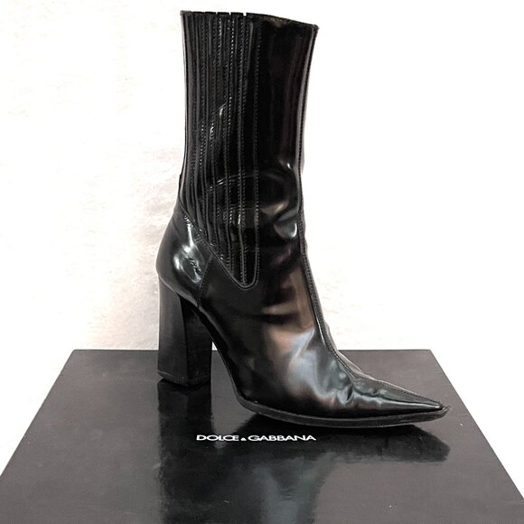 Auc Dolce&Gabbana pointed toe elasticized gores chunky heel smooth leather boots - Picture 3 of 13